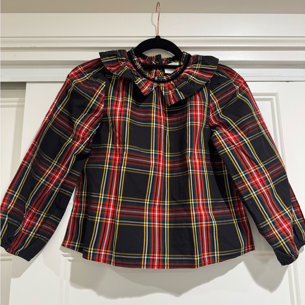 Crewcuts Ruffle Collared top in Black Stewart Tartan
